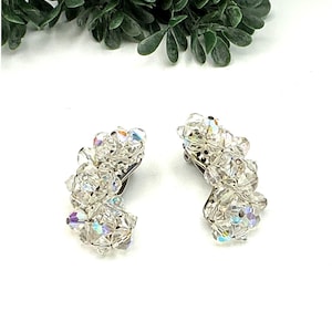 Vintage Crystal Aurora Borealis Cluster Clip-On Earrings