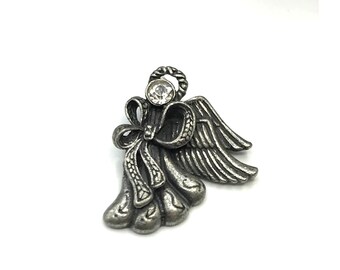 Vintage pendant silver tone angel single clear gem 1.5" length