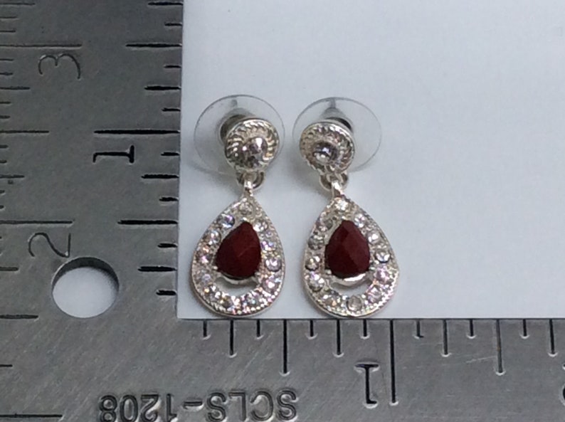 Vintage Post Dangle Earrings Silver Toned Teardrop With Red Rhinestone Used