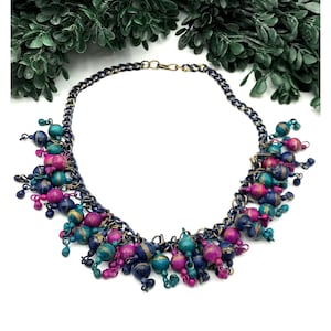Vintage Metal Colorful Beaded Statement Necklace With Multicolor Dangling Beads