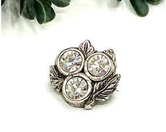Vintage Silver Tone Leaf Brooch With Clear Rhinestones