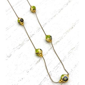 Vintage Floral Glass Bead Necklace With Gold tone Accents On Silver-Tone Chain
