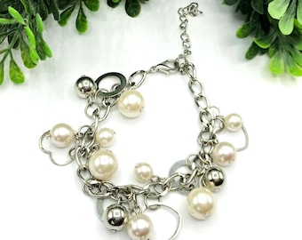 Silver-Tone Charm Bracelet With Faux Pearl Accents Adjustable Chain Elegant Design