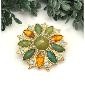 Vintage Gold-Tone Floral Brooch With Green & Oragen Rhinestones