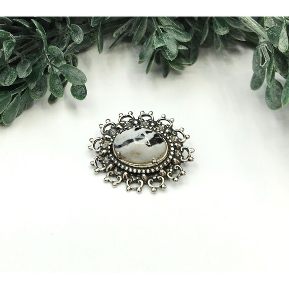 Vintage brooch silver tone with black grey white … - image 4