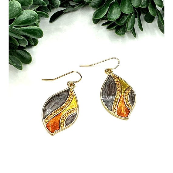 Artisan Leaf Design Two Tone Dangle Earrings With… - image 2
