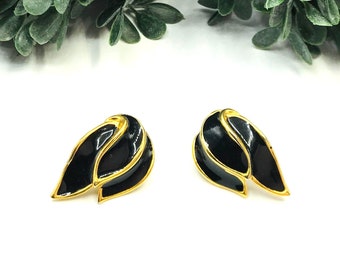 Vintage earrings black enamel finish gold tone post back