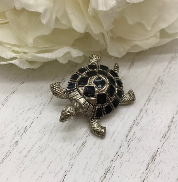 Vintage Pin Brooch Silver Toned Turtle With Black… - image 1