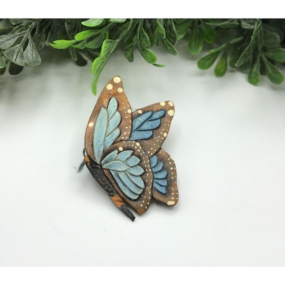 Vintage Leather butterfly brooch blue and brown c… - image 1