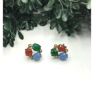 Vintage Gold Toned Screw Back Earrings With Three Glass Scarabs Blue Brown And Green