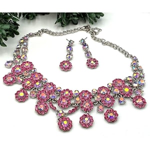 Pink Rhinestone Statement Necklace & Dangle Earrings Set