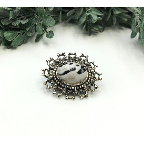 Vintage brooch silver tone with black grey white … - image 1