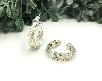 Earrings silver tone textured hoops 1" dia