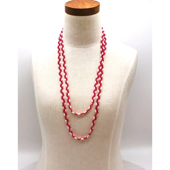 Vintage necklace white and pink resin beads 52" l… - image 1