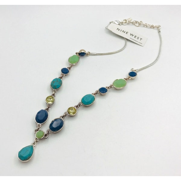 Vintage Necklace blue and green gems silver tone 16" length NWT By Nine West