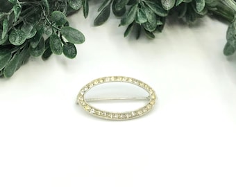 Vintage brooch oval silver tone clear rhinestones