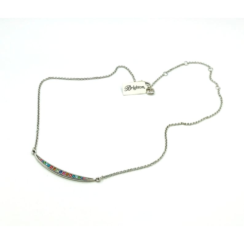 Vintage Necklace silver tone with a bar pendant multi color rhinestones 18" length by Brighton bild 3