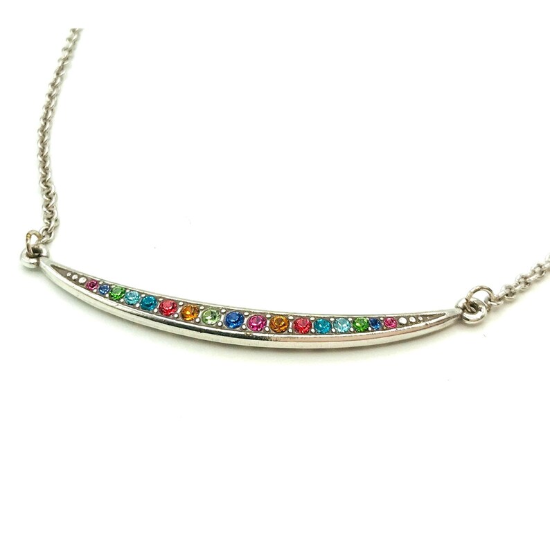 Vintage Necklace silver tone with a bar pendant multi color rhinestones 18" length by Brighton bild 2