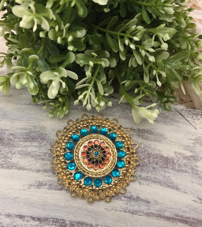 Vintage Pendant Gold Toned Round With Blue Mellon And Black Rhinestones Used