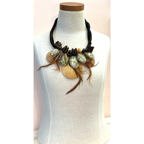 Statement Necklace With Shells Feathers Wood Bead… - image 4