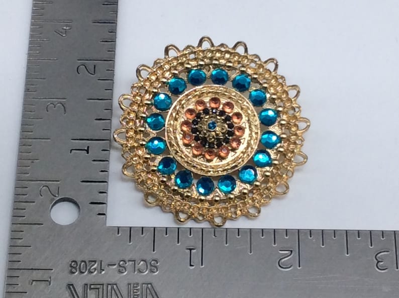 Vintage Pendant Gold Toned Round With Blue Mellon And Black Rhinestones Used