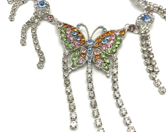 Vintage jewelry set by Suzanne Somers Butterfly Crystal Necklace & Earrings Set Silver Multicolor Rhinestone