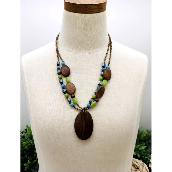 16" Necklace with wooden pendant, blue & green be… - image 4