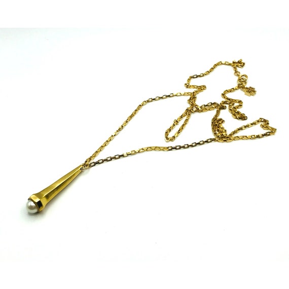 Vintage Necklace gold tone chain pendant with fau… - image 3