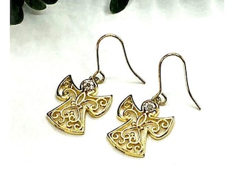 Gold Tone Angel Dangle Earrings With Intricate Detailing