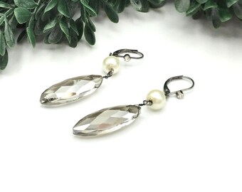 Vintage earrings smokey glass bead white resin bead dangle style