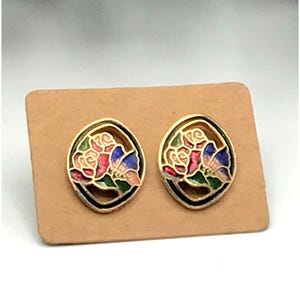 Vintage Gold Floral Cloisonne Enamel Earrings