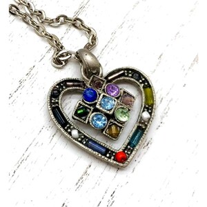 Vintage Silver Toned Necklace Heart With Blue Purple Green Rhinestones And Beads  22&quot; length