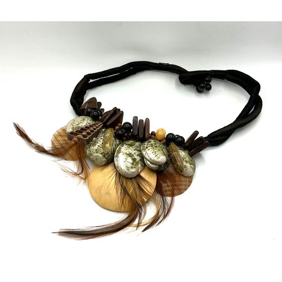 Statement Necklace With Shells Feathers Wood Bead… - image 1