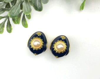 Vintage Clip On Earring navy and gold with a pearl center by Joan Rivers