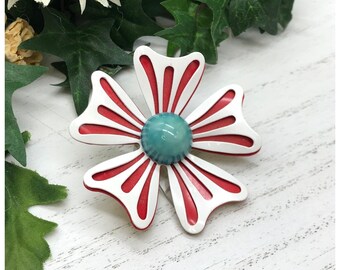 Vintage Brooch enamel white red aqua color Flower