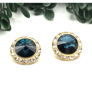 Vintage Gold-Tone Clip-On Earrings With Blue Faceted Stones & Clear Rhinestones