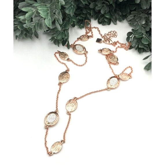 Necklace rose gold tone, oval discs clear rhinest… - image 4