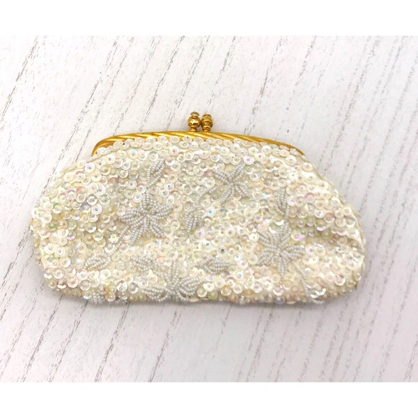 Vintage clutch white sequins gold tone accent