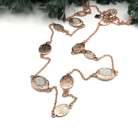 Necklace rose gold tone, oval discs clear rhinest… - image 1