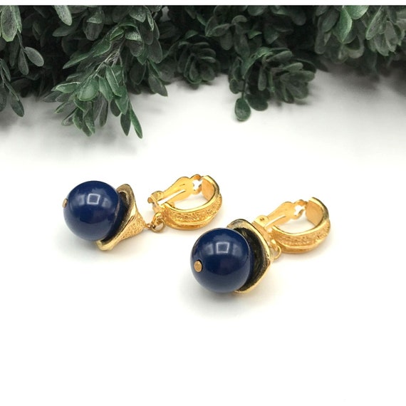 Vintage clip on earrings, textured gold tone, blue