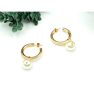 Gold Tone Hoop Earrings With Faux Pearl Drops