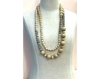 Layered Mixed Bead Necklace With Beige and Silver Tones Adjustable Clasp