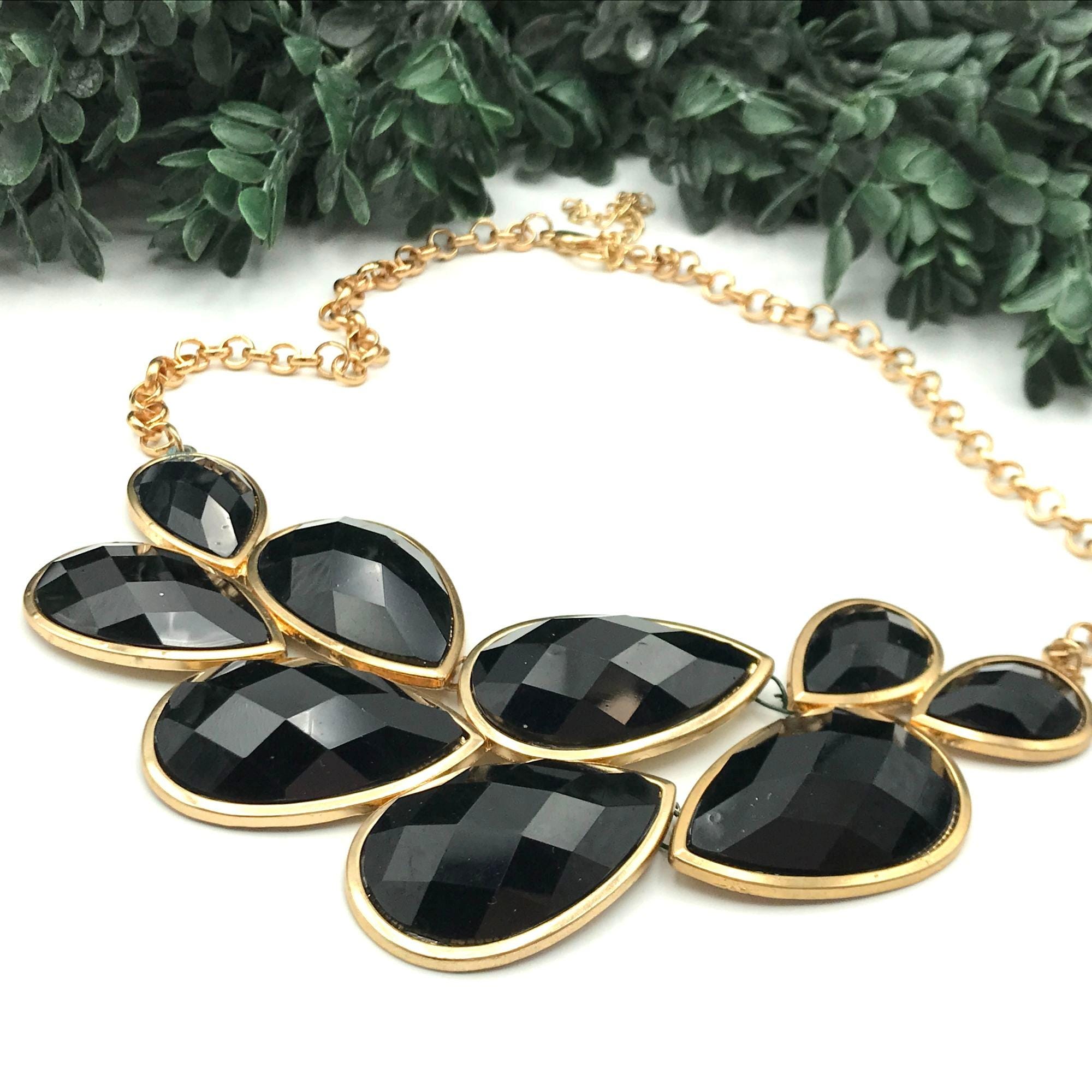 Gold Tone Chain Statement Necklace With Black Teardrop Crystal