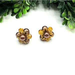 Vintage Gold-Tone Screw Back Earrings With Orange & Brown Beads Cluster Design