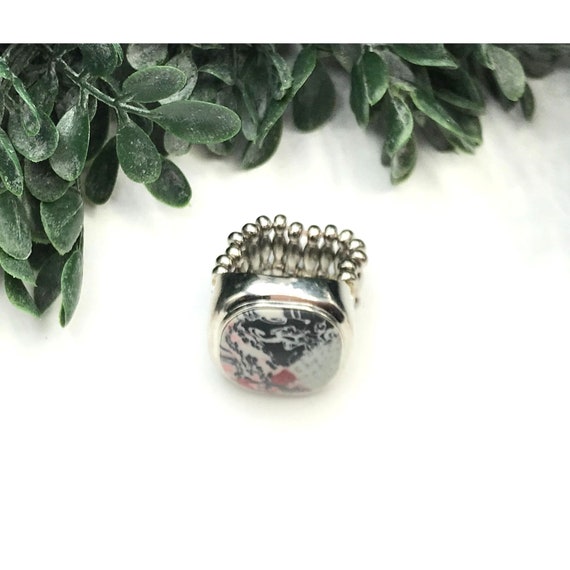 Vintage Statement ring silver tone square clay pr… - image 2