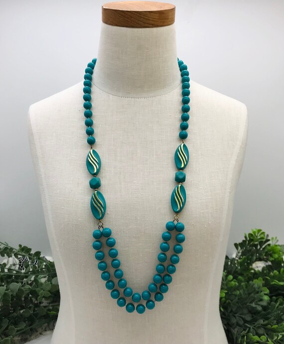 Vintage Necklace 26" With Bluegreen Plastic Beads… - image 1