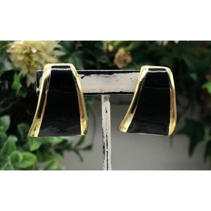 Vintage Gold & Black Enamel Clip-On Earrings Rectangular Shape Elegant Design