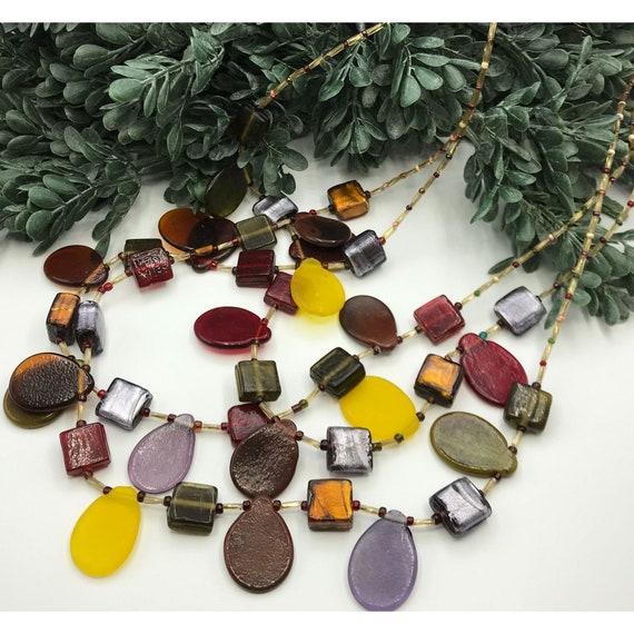 Vintage glass beaded necklace multi color 3 stran… - image 1