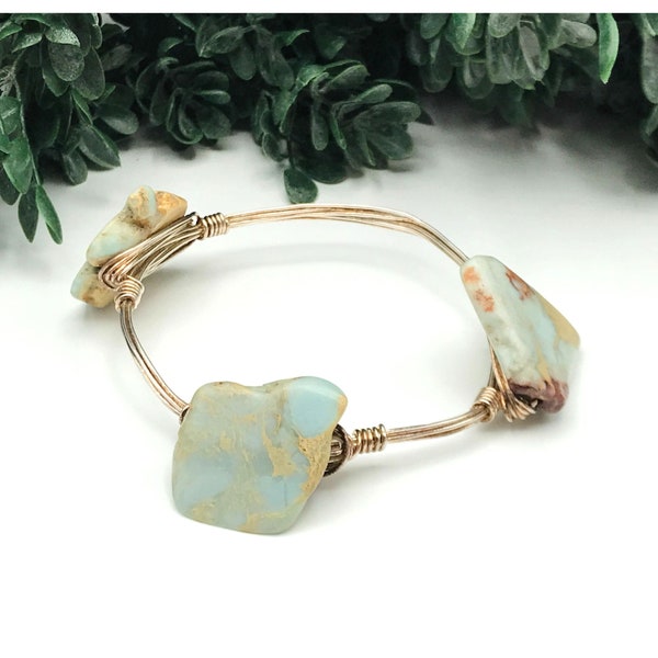 Bangle bracelet silver tone wire, wrapped turquoise jasper stone