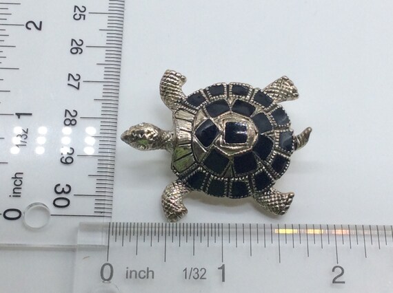 Vintage Pin Brooch Silver Toned Turtle With Black… - image 4